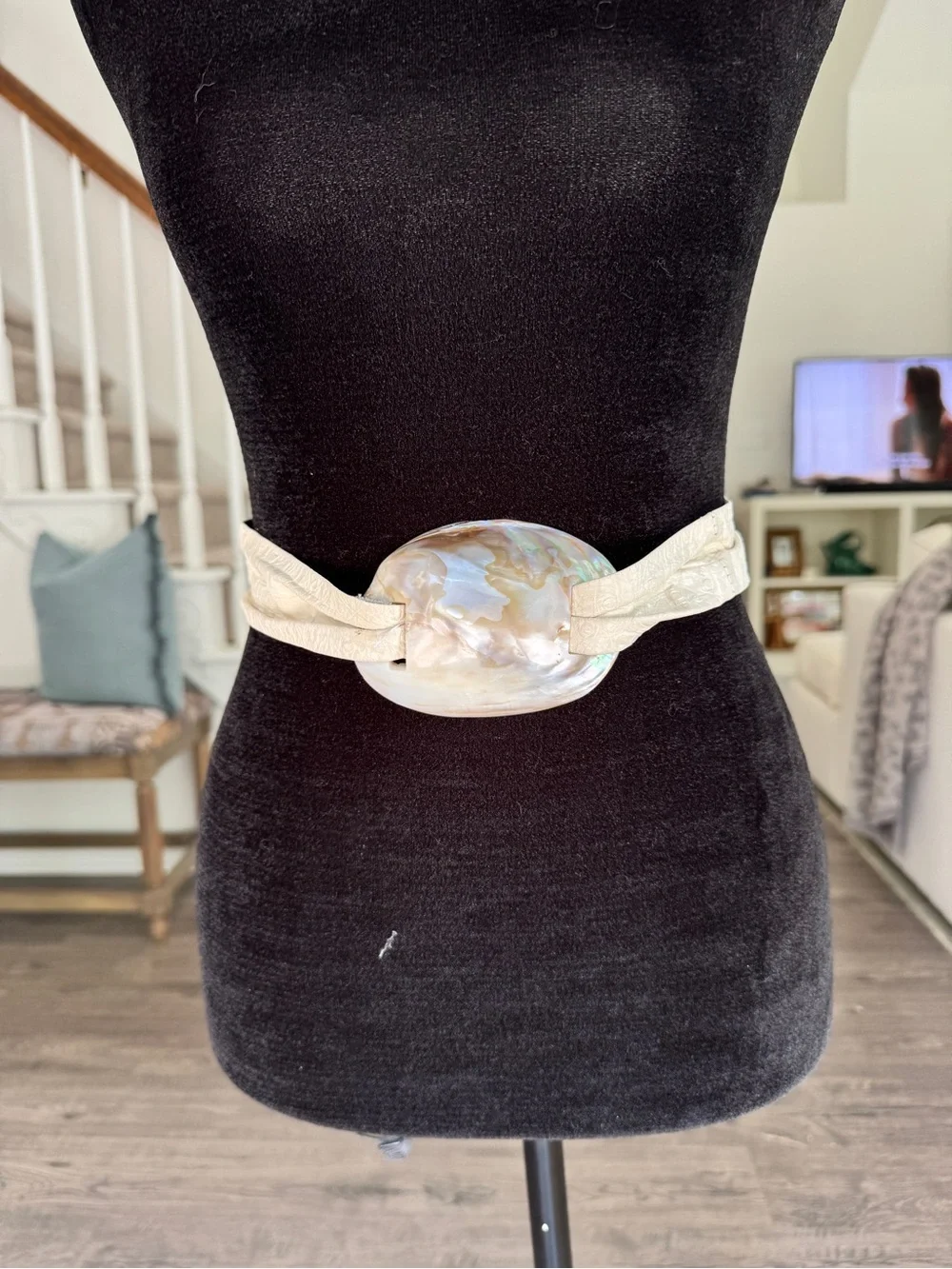 Vintage Unique Handmade Shell Accent Belt with Iridescent Buckle
